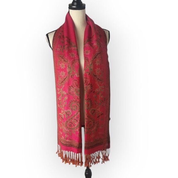 Pashmina Pink Gold/Green Floral Paisley Print Silk/Cashmere Blend Fringed Scarf - Picture 1 of 7